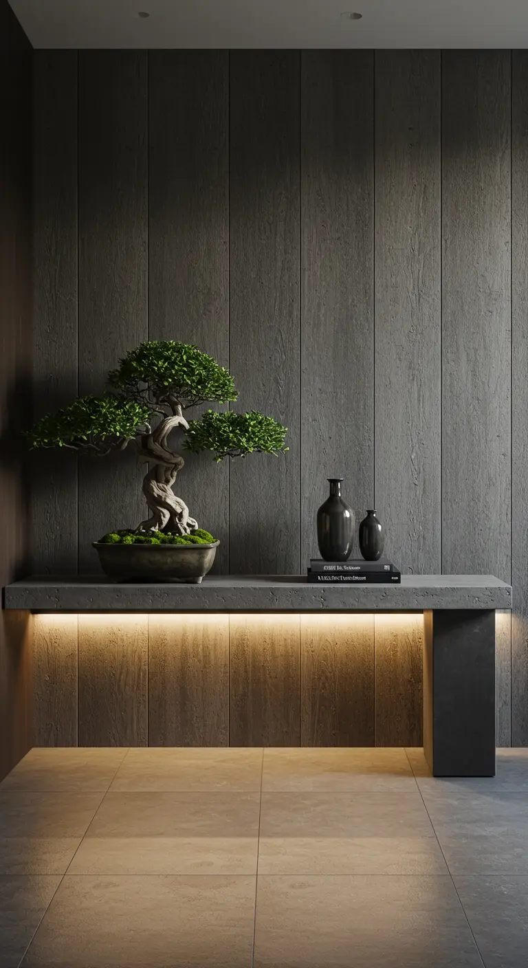 Un árbol bonsái sobre una consola de hormigón iluminada desde abajo, con fondo de madera oscura.