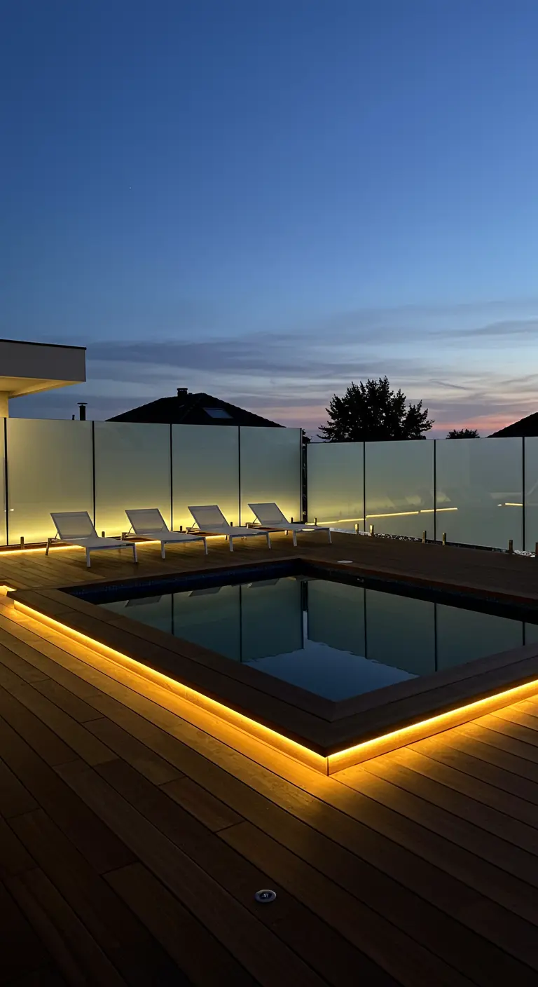 Piscina con borde de madera iluminado por una tira LED cálida continua al atardecer.