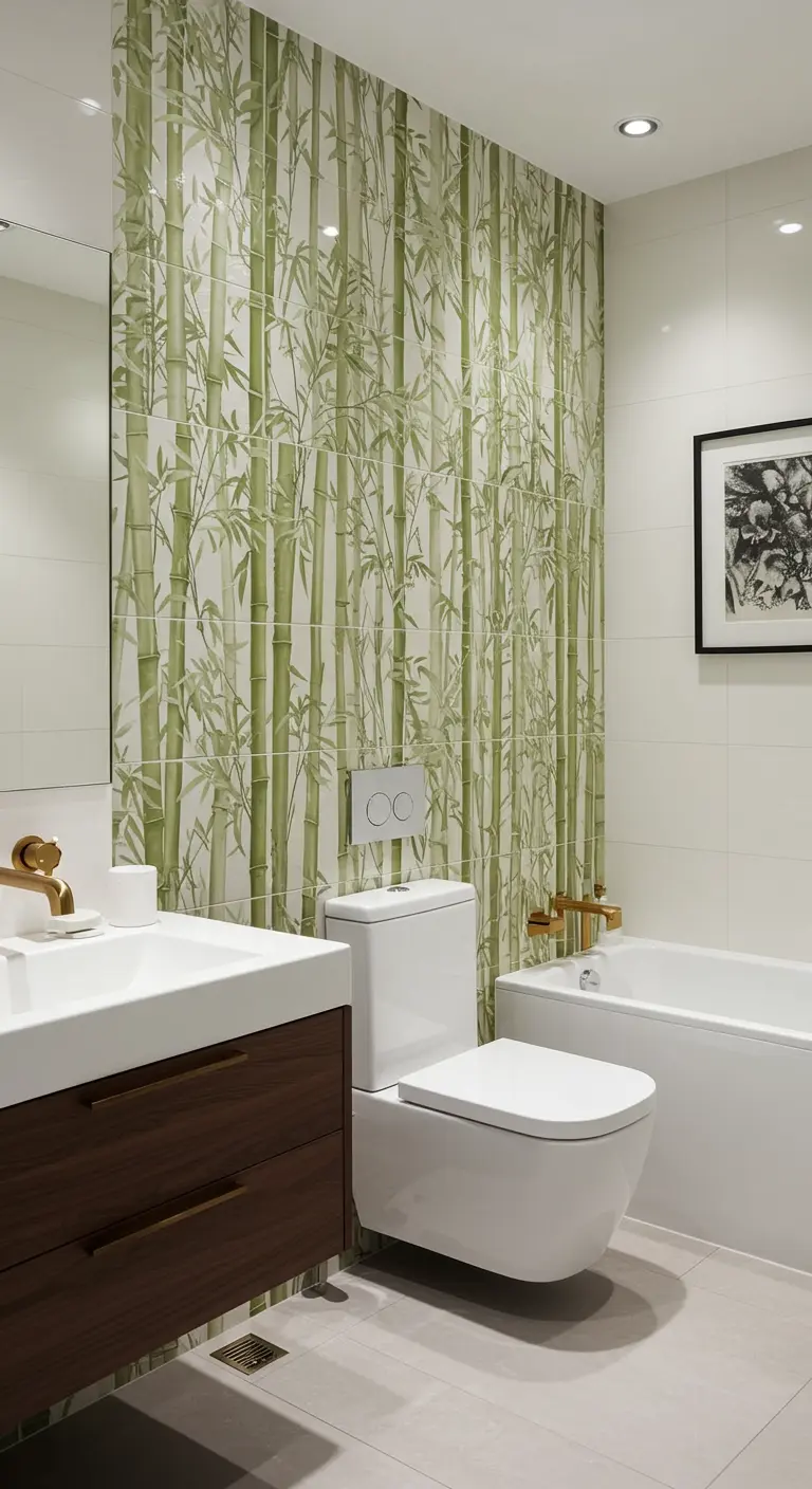 Baño con una pared de acento cubierta con papel pintado de un bosque de bambú verde.