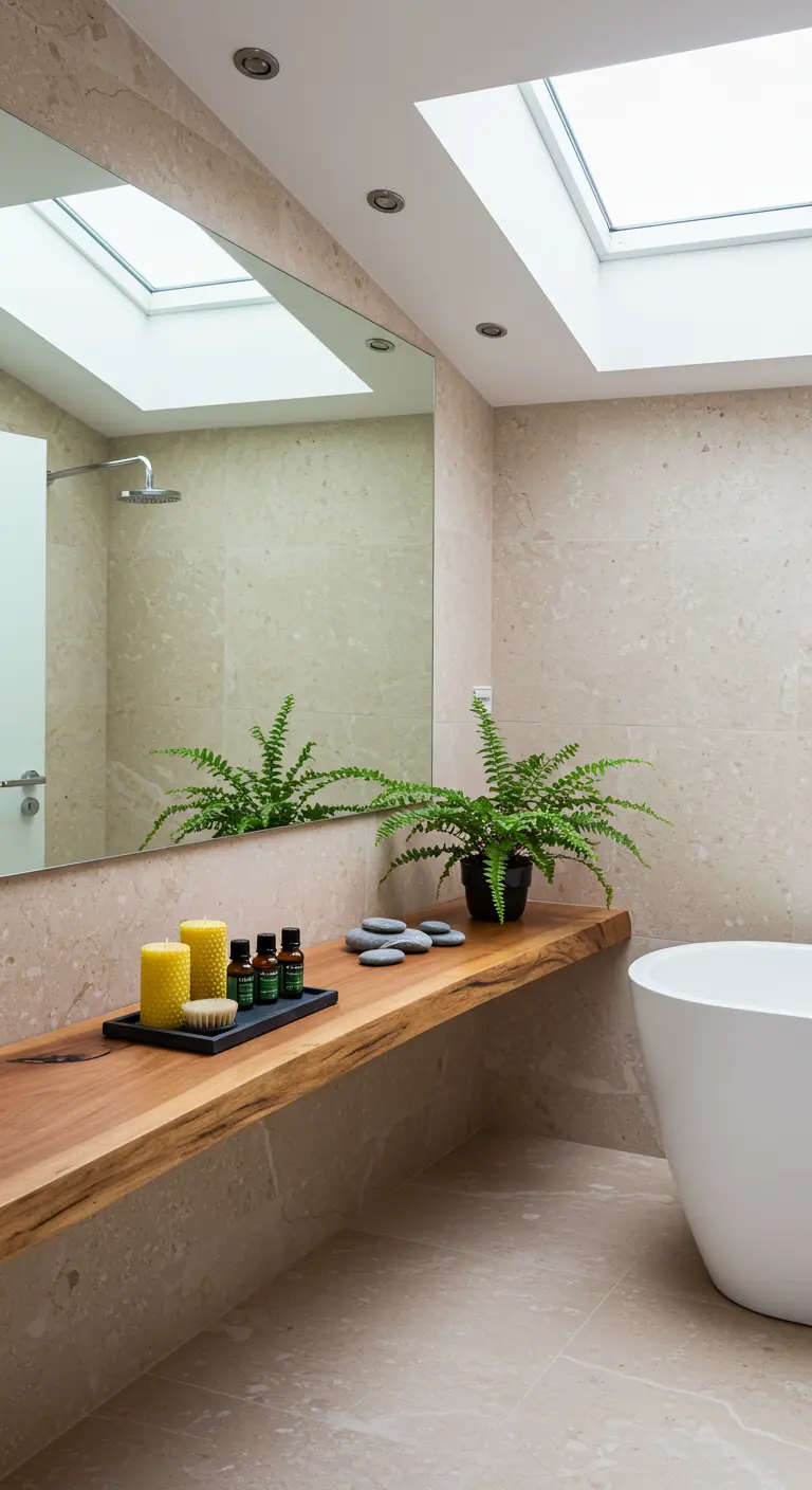 Encimera flotante de madera natural con velas amarillas, helechos y piedras de río.