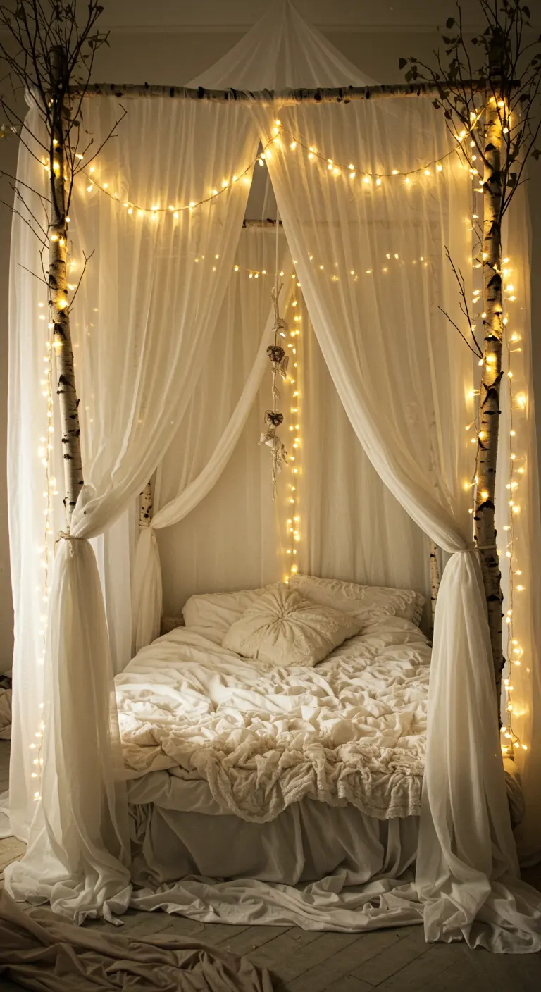 Cama con dosel hecho de ramas de abedul, decorada con telas vaporosas y guirnaldas de luces cálidas.