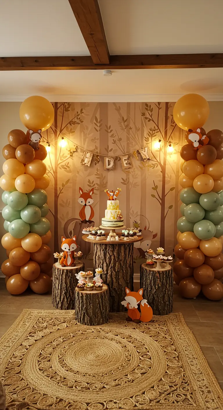 Columnas de globos en tonos tierra con temática de bosque y zorros de fieltro.