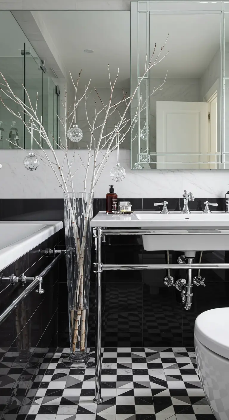 Ramas blancas en un jarrón alto de cristal, adornadas con bolas de Navidad transparentes en un baño en blanco y negro.