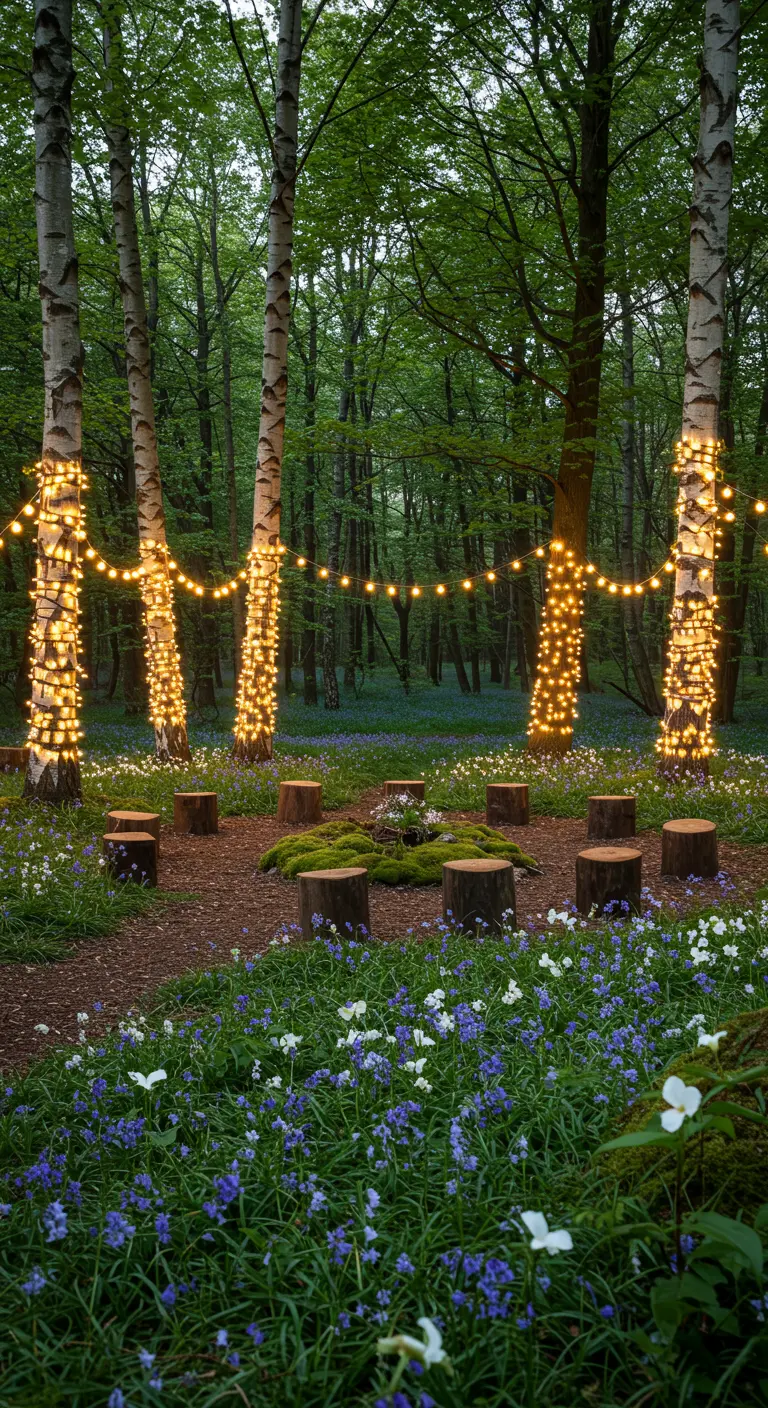 Claro en un bosque con árboles envueltos en luces y guirnaldas colgando entre ellos, con troncos como asientos.