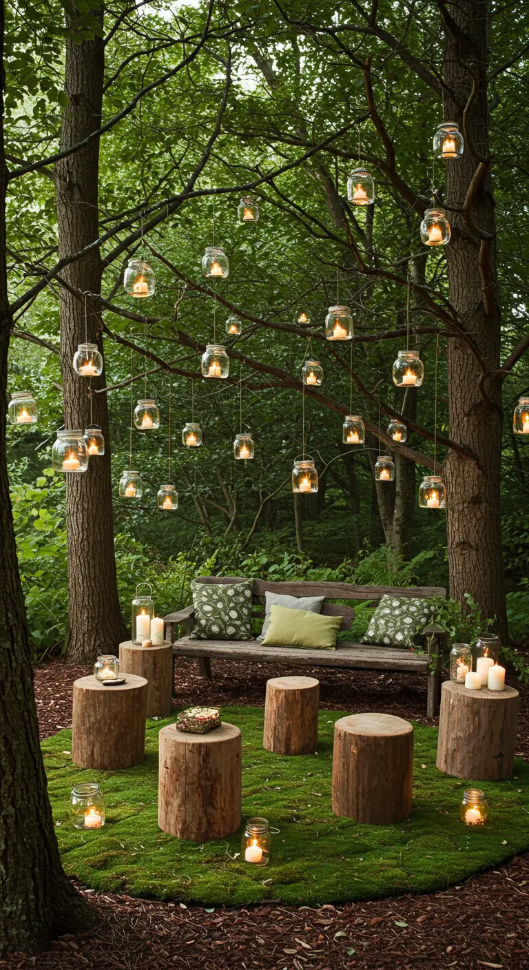Rincón en el bosque con un banco, troncos como asientos y tarros de cristal con velas colgando.