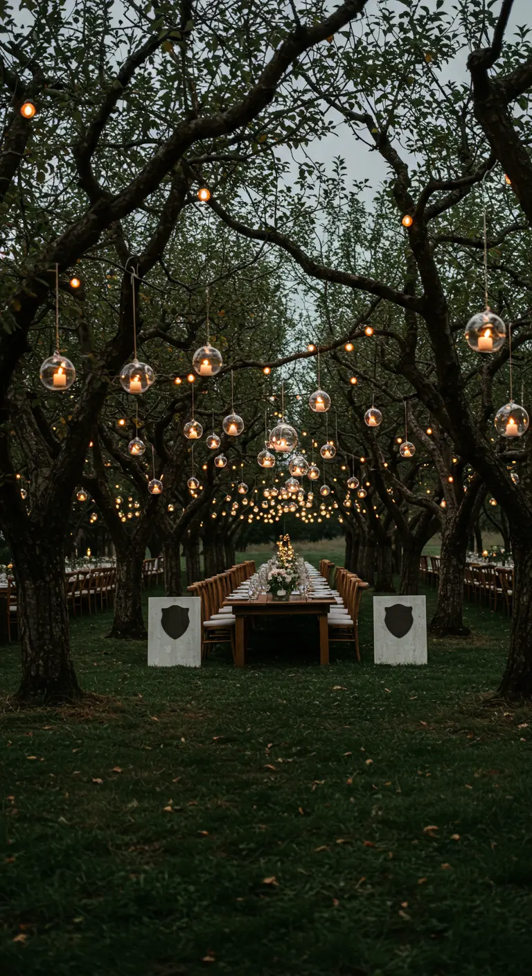 Banquete nocturno en un huerto, con esferas de velas colgando de los árboles.