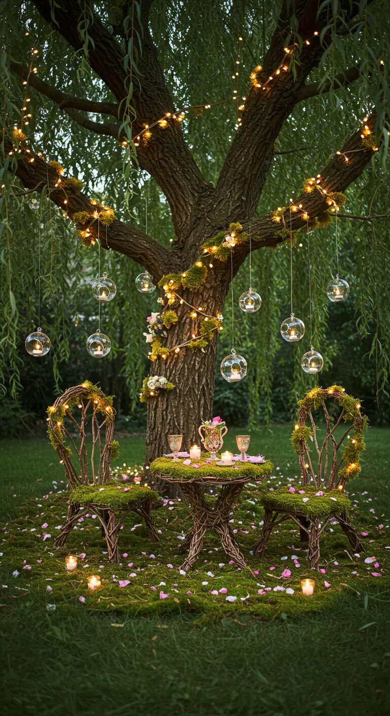 Mesa y sillas con aspecto de ramas bajo un árbol decorado con luces y esferas de cristal colgantes.