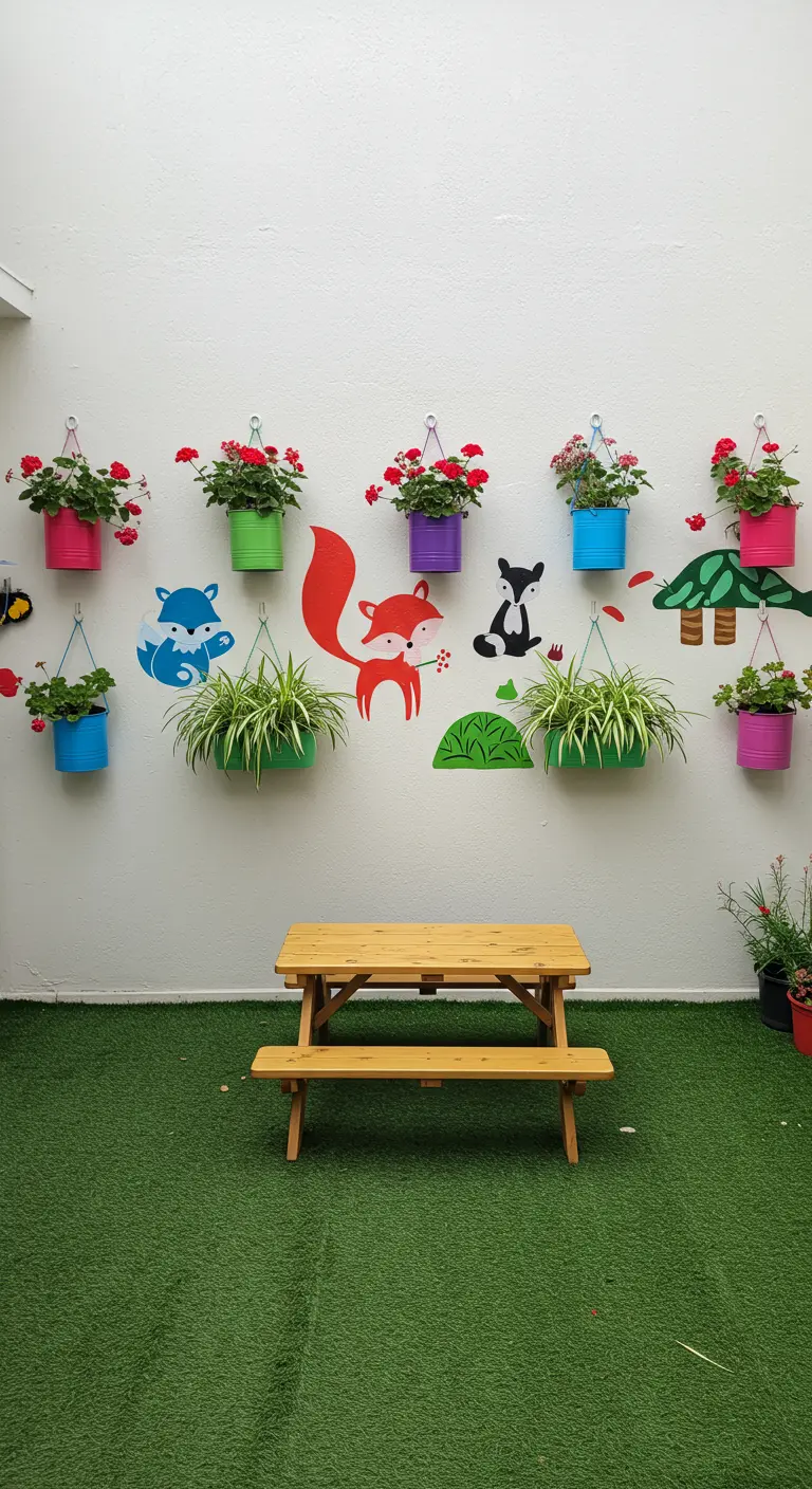 Zona de juegos infantil con un mural de animales del bosque, macetas de colores y una mesa de pícnic.