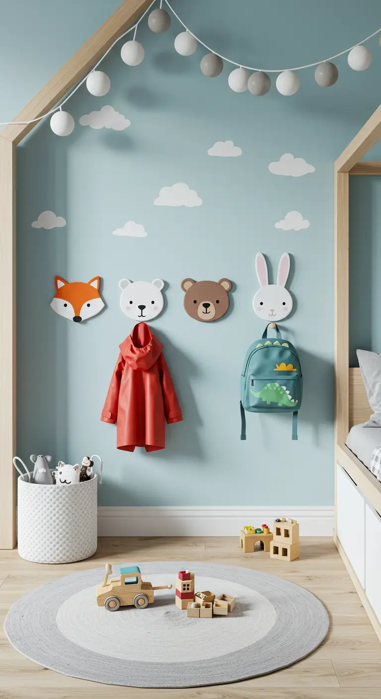 Percheros infantiles con forma de animales del bosque en una pared azul de habitación infantil.