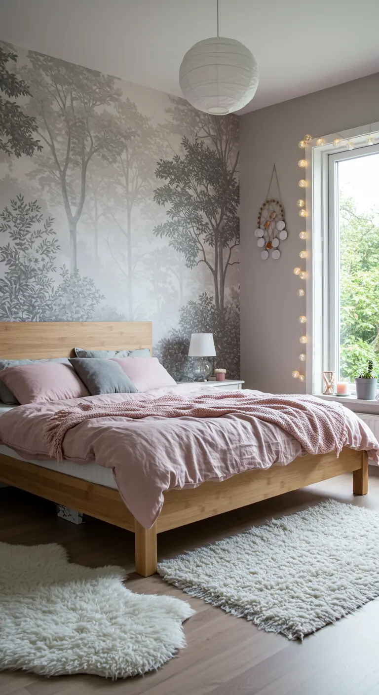 Dormitorio con papel pintado de bosque, cama de madera y ropa de cama rosa.