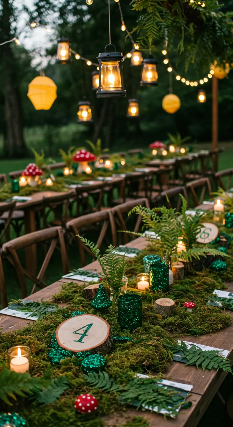 Mesa rústica decorada con musgo, helechos y un número de mesa verde con glitter sobre madera.