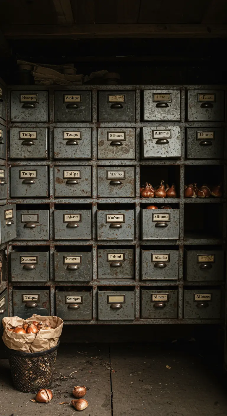 Mueble archivador metálico de estilo industrial con muchos cajones pequeños para guardar bulbos.