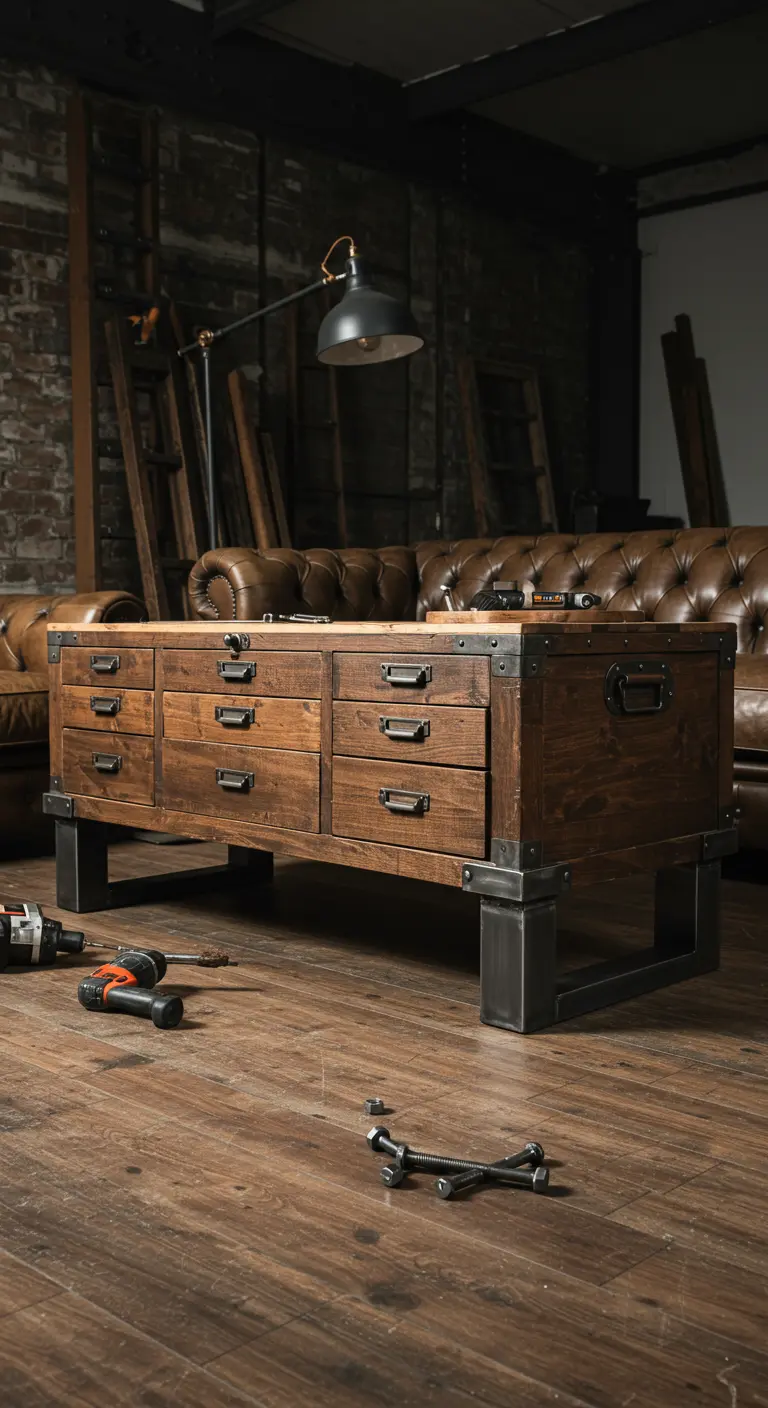 Mueble bajo de madera oscura con múltiples cajones estilo boticario y una base metálica robusta.
