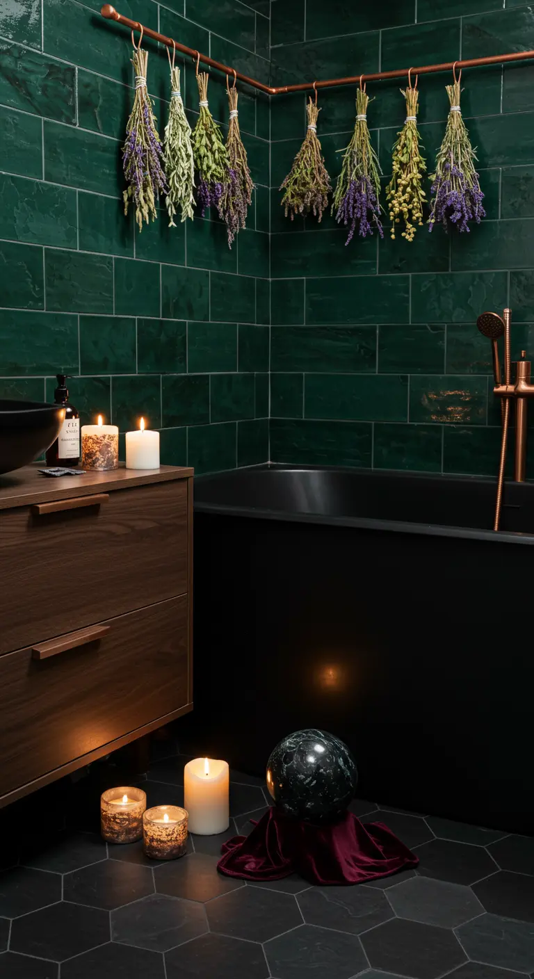 Baño con azulejos verdes, bañera negra y hierbas secas colgando de una barra de cobre.