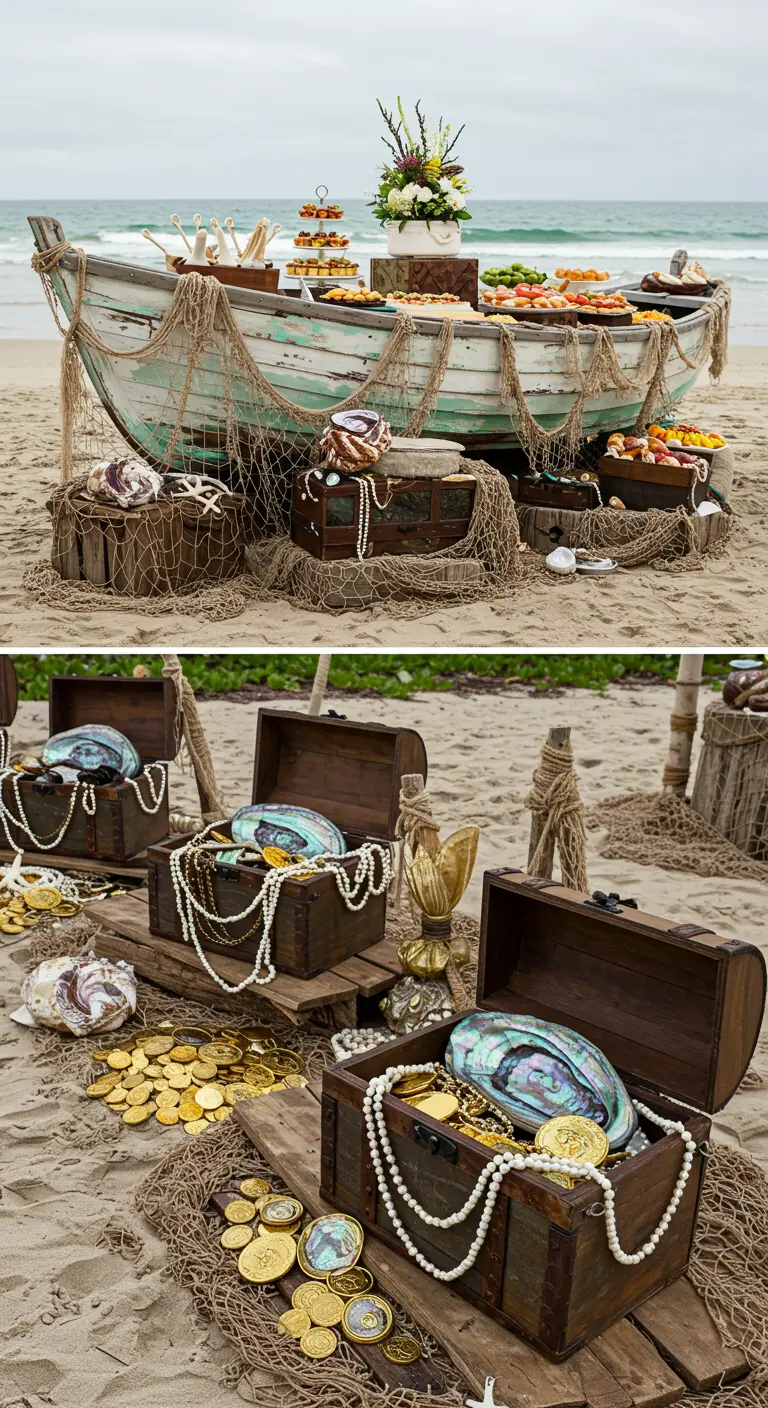 Barco antiguo usado como mesa de postres, rodeado de cofres del tesoro.