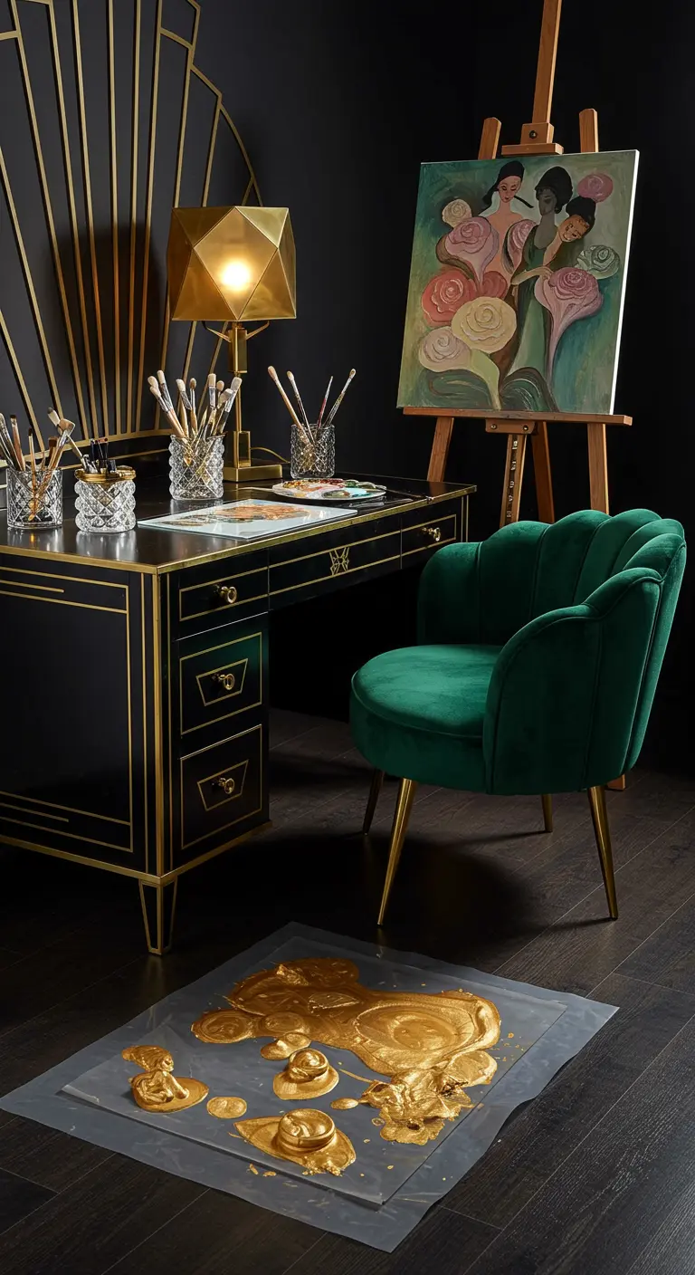 Estudio de arte de estilo Art Déco con escritorio negro y dorado, silla de terciopelo verde y lámpara geométrica.