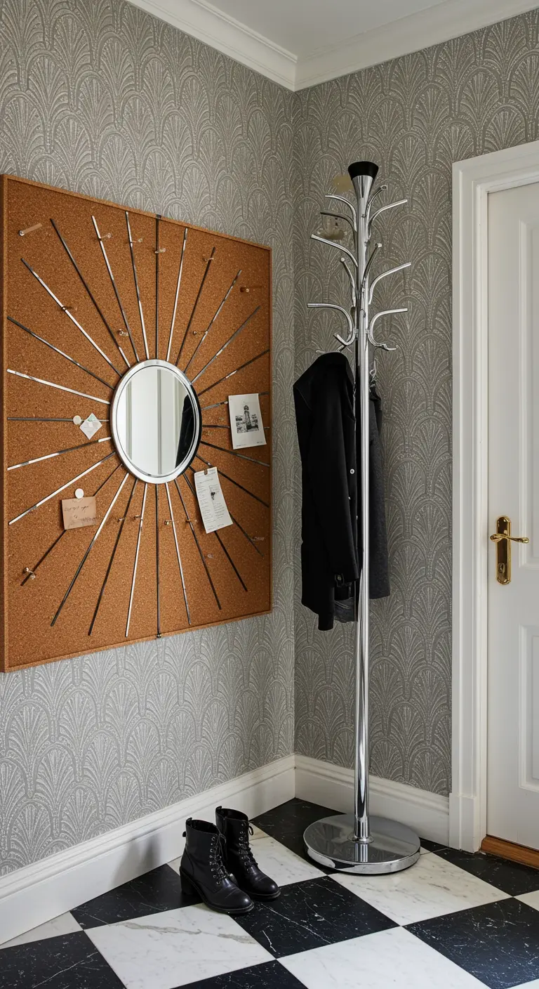 Recibidor Art Déco con un tablero de corcho decorado como un sol, perchero cromado y suelo damero.