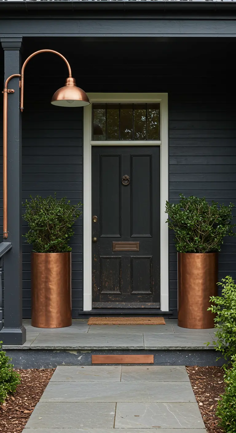 Entrada con fachada gris oscuro, puerta negra y maceteros cilíndricos altos de cobre brillante.