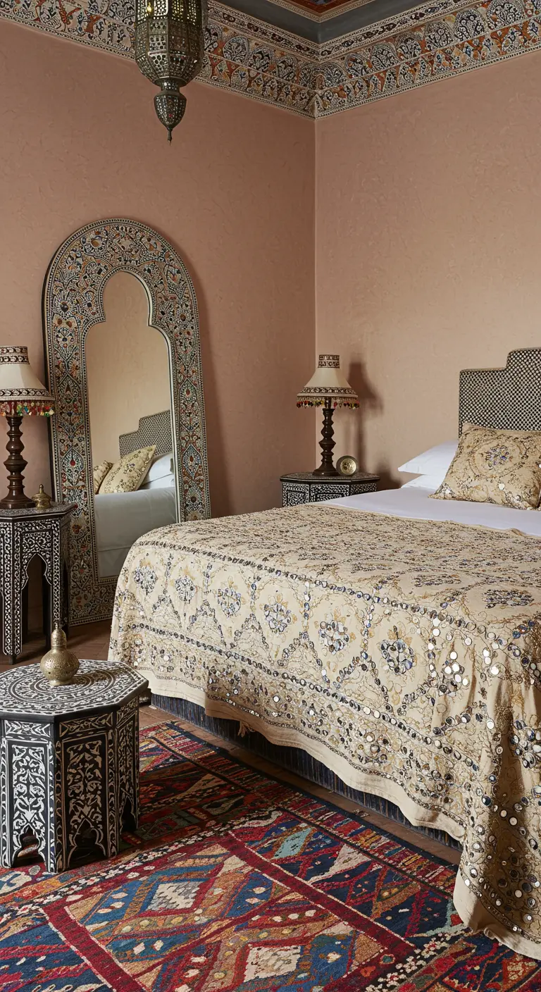 Dormitorio con espejo y muebles con incrustaciones de nácar y colcha con espejos.