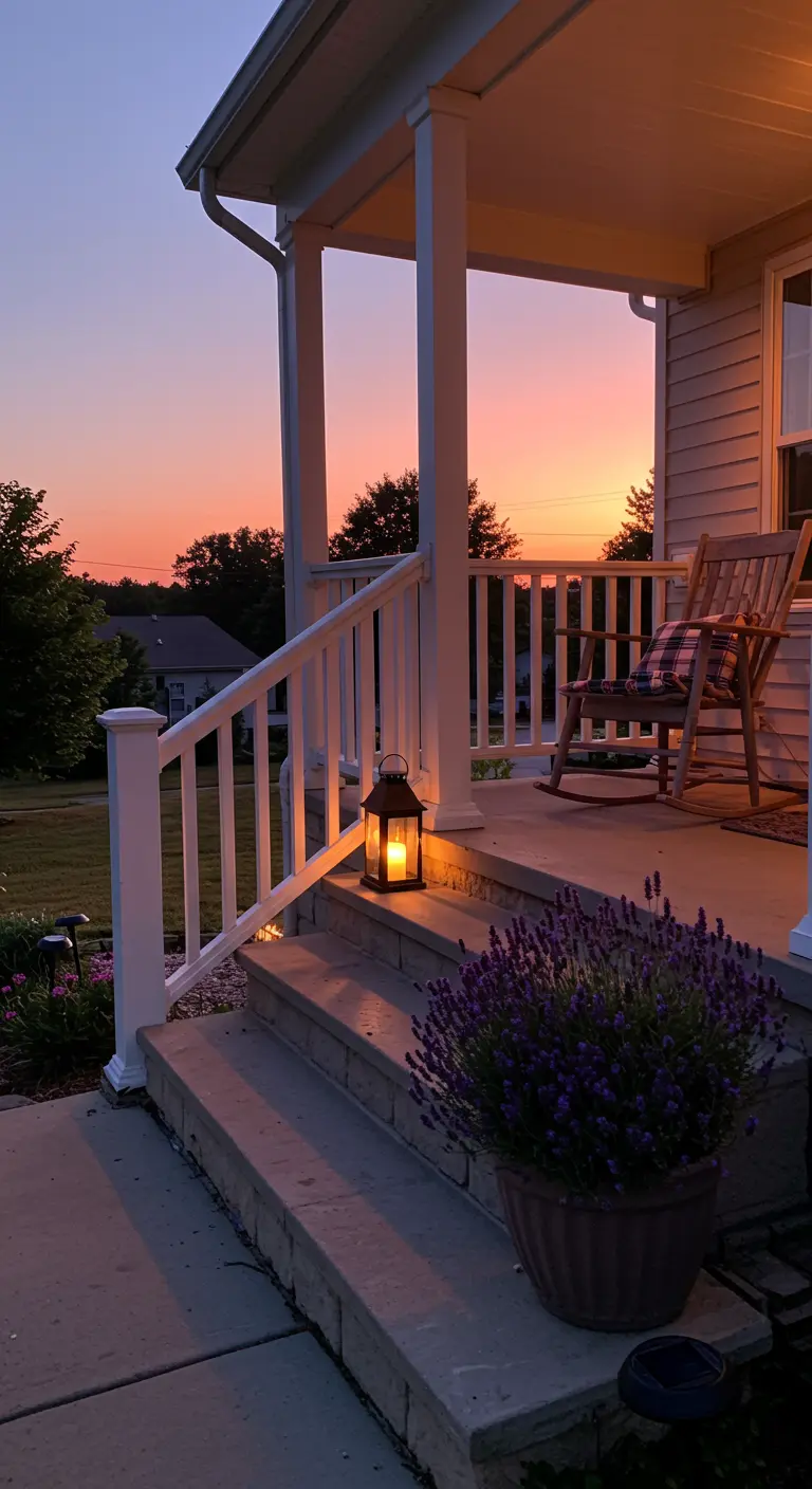 Porche al atardecer con una maceta de lavanda y un farolillo encendido en los escalones.