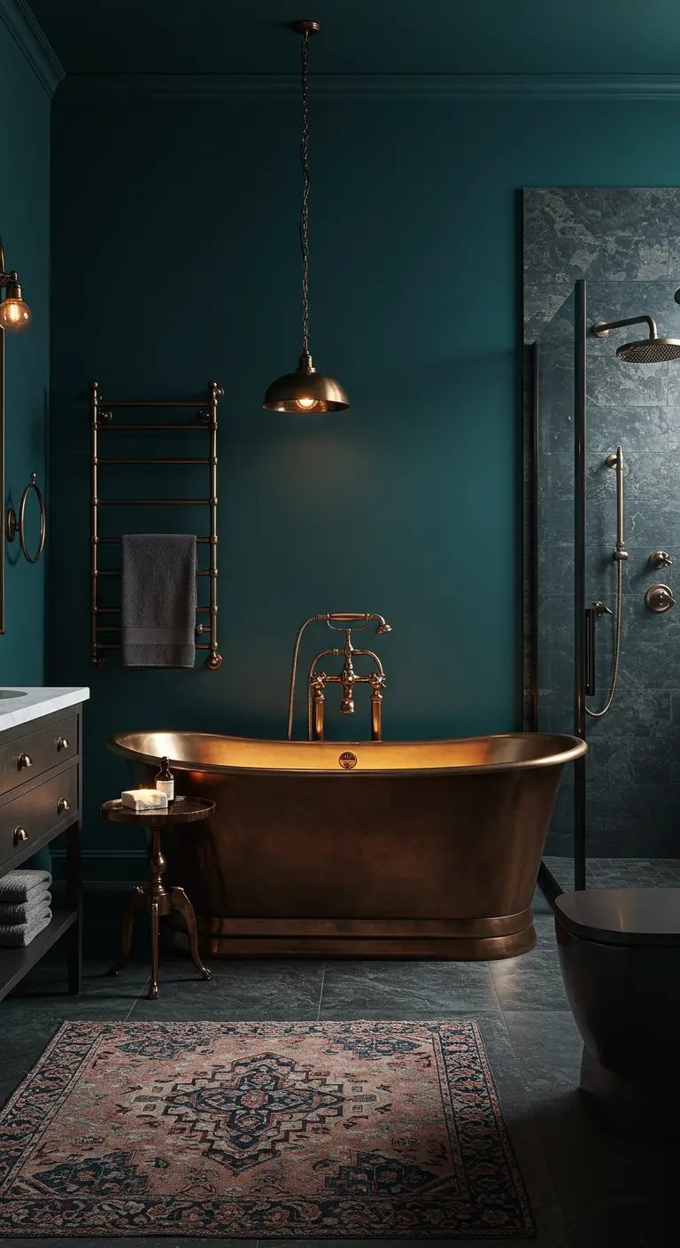 Baño oscuro y elegante con paredes verde azulado y una bañera exenta de cobre como protagonista.
