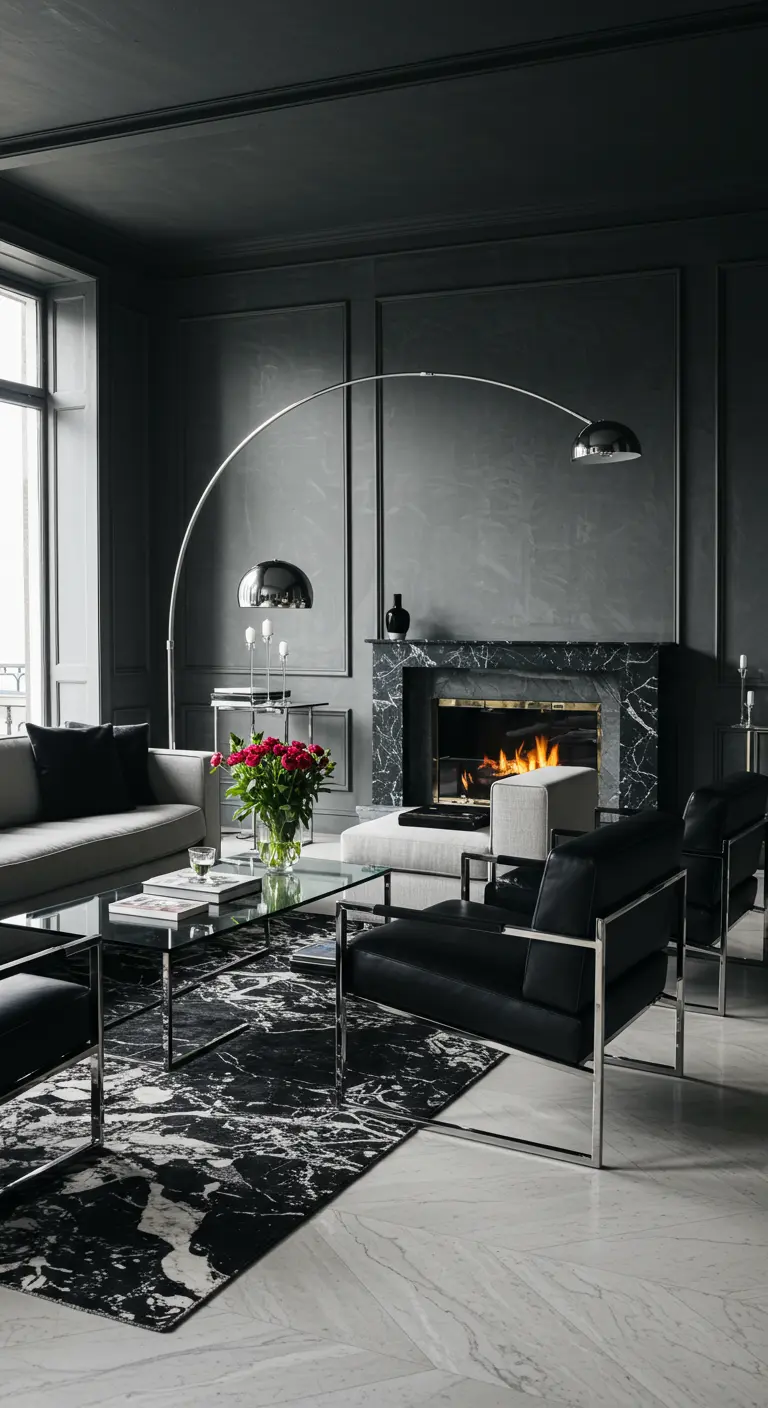 Sala moderna con muebles de cuero y cromo, lámpara de arco y paredes grises.