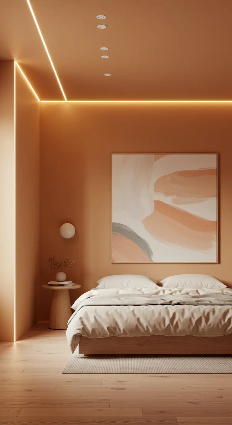 Habitación minimalista en tonos terracota con iluminación LED integrada en las paredes y el techo.