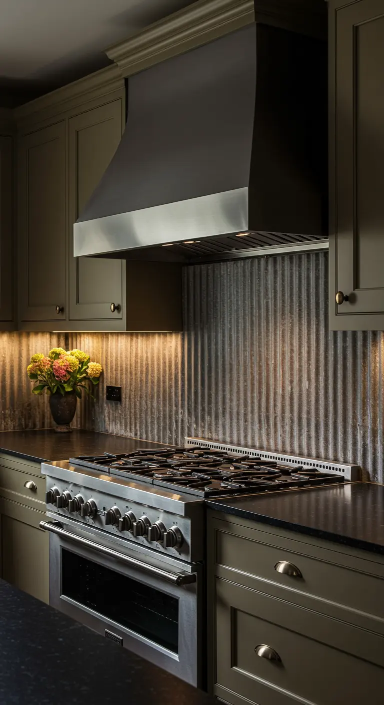 Cocina oscura con salpicadero de metal corrugado y campana extractora de acero negro.