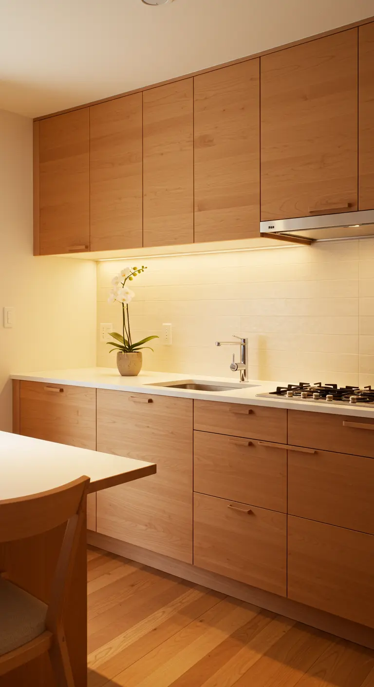 Cocina de madera con iluminación LED cálida bajo los gabinetes y una orquídea blanca