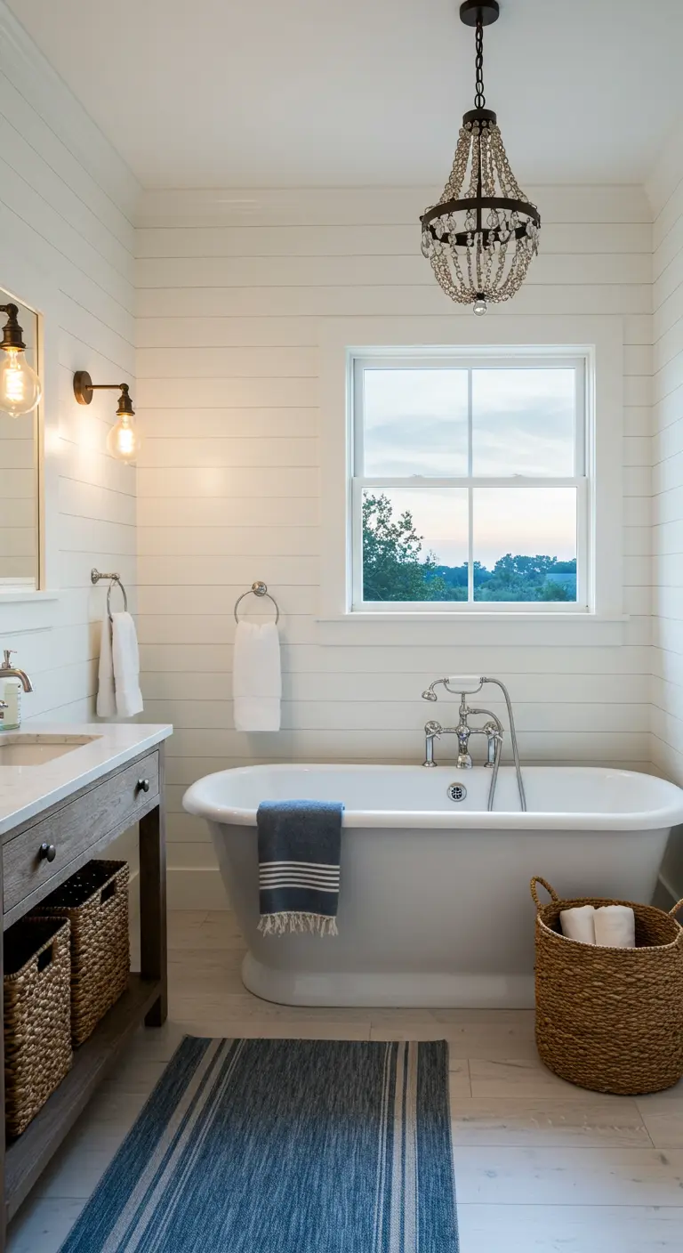 Baño de estilo farmhouse con paredes de lamas blancas y una lámpara de araña de cristal sobre la bañera.