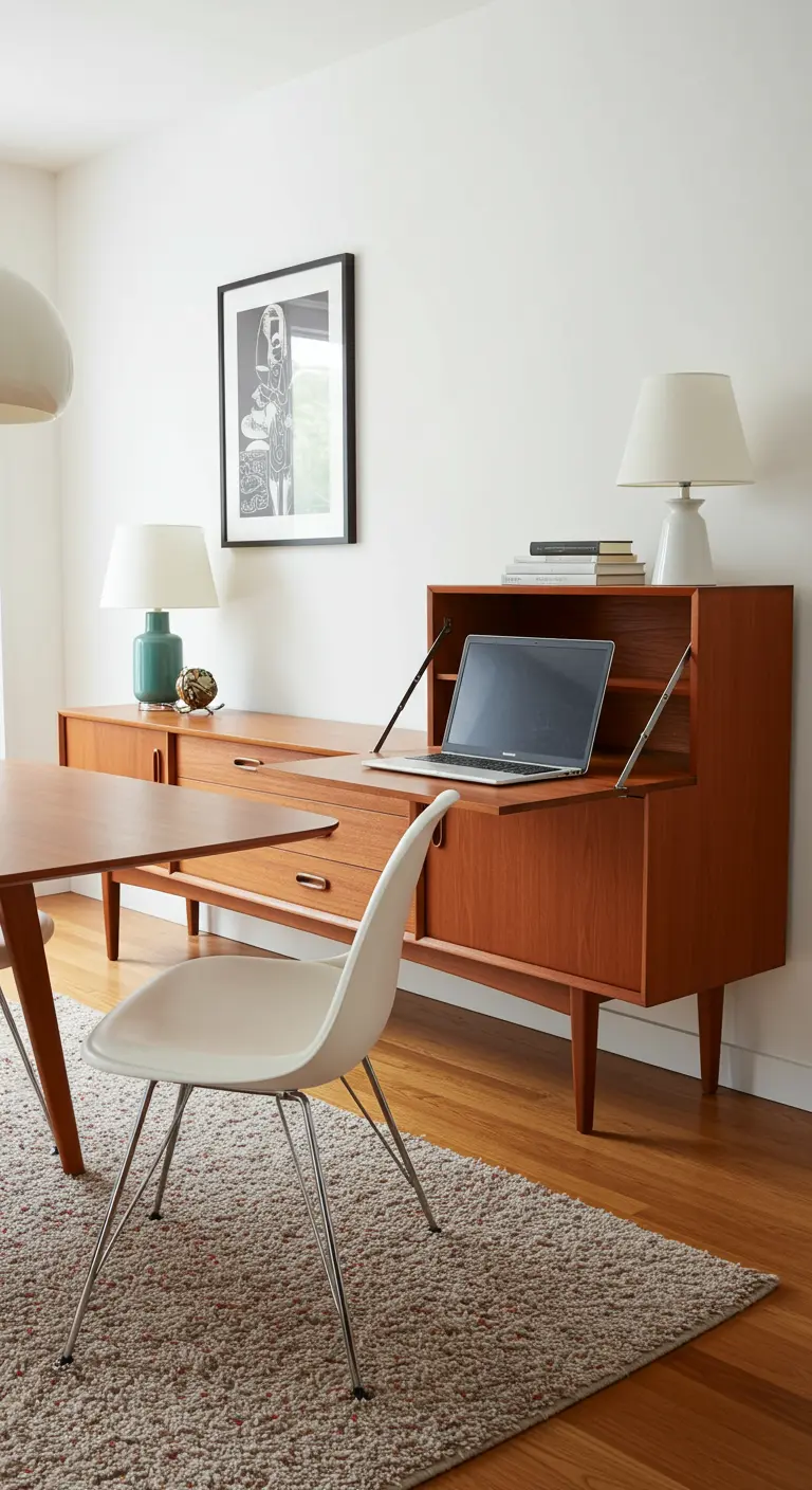 Aparador de madera de teca de estilo Mid-Century con una puerta abatible que es un escritorio.