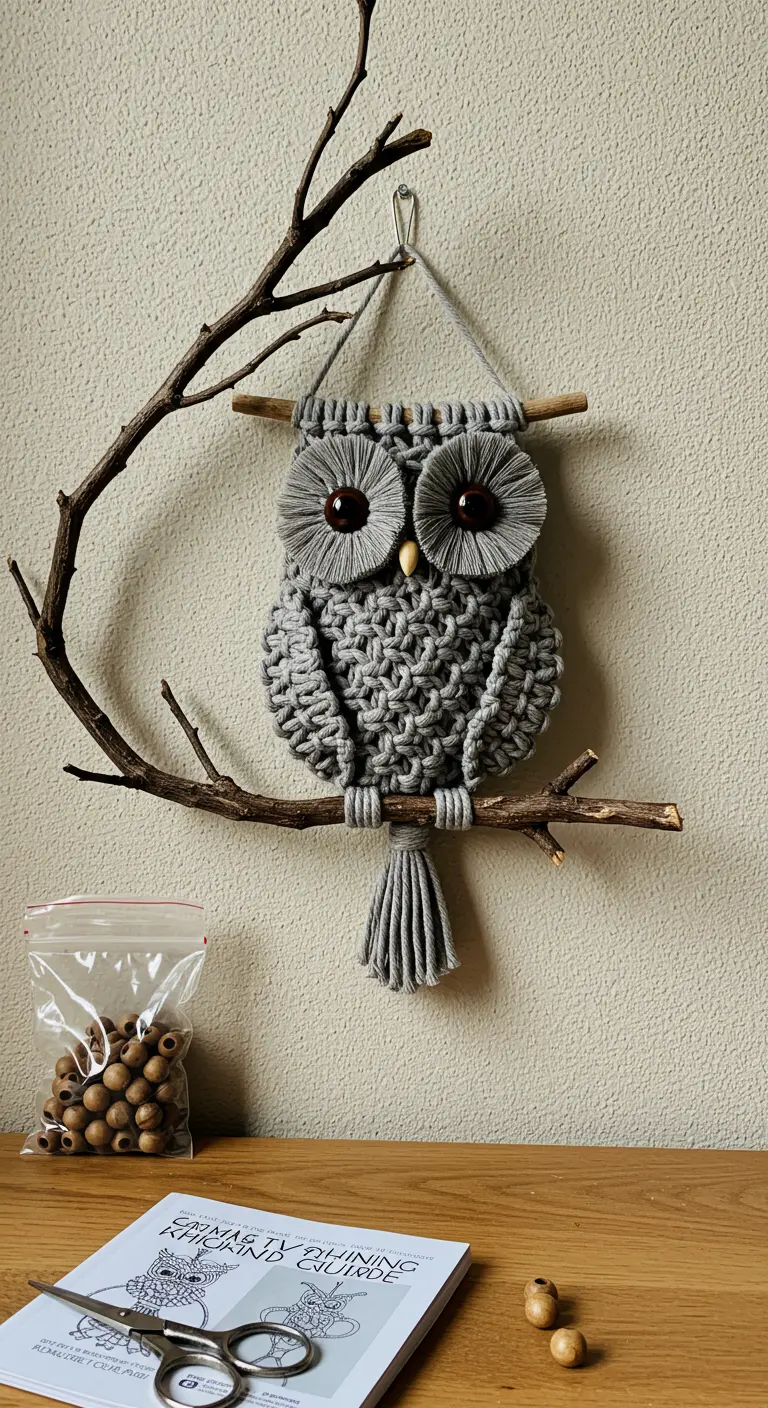 Figura de un búho de macramé gris con grandes ojos de madera, posado en una rama