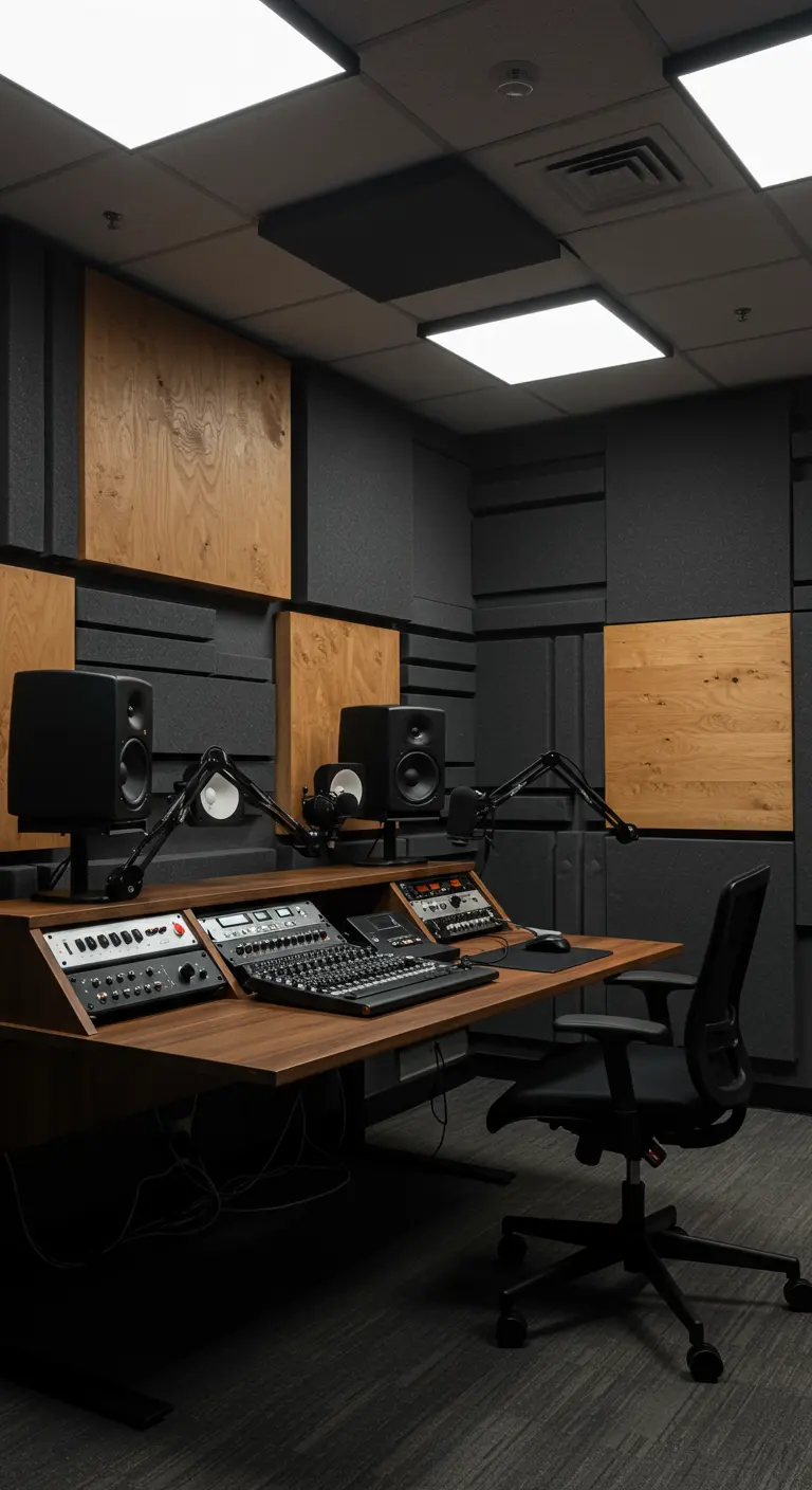 Cabina de grabación profesional con paneles acústicos grises y de madera en las paredes.