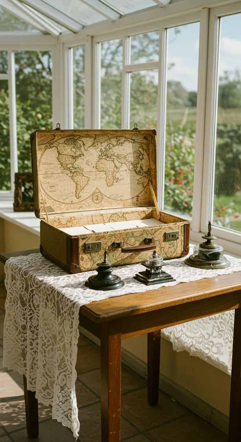 Maleta vintage abierta con forro de mapa del mundo para recibir tarjetas de boda.