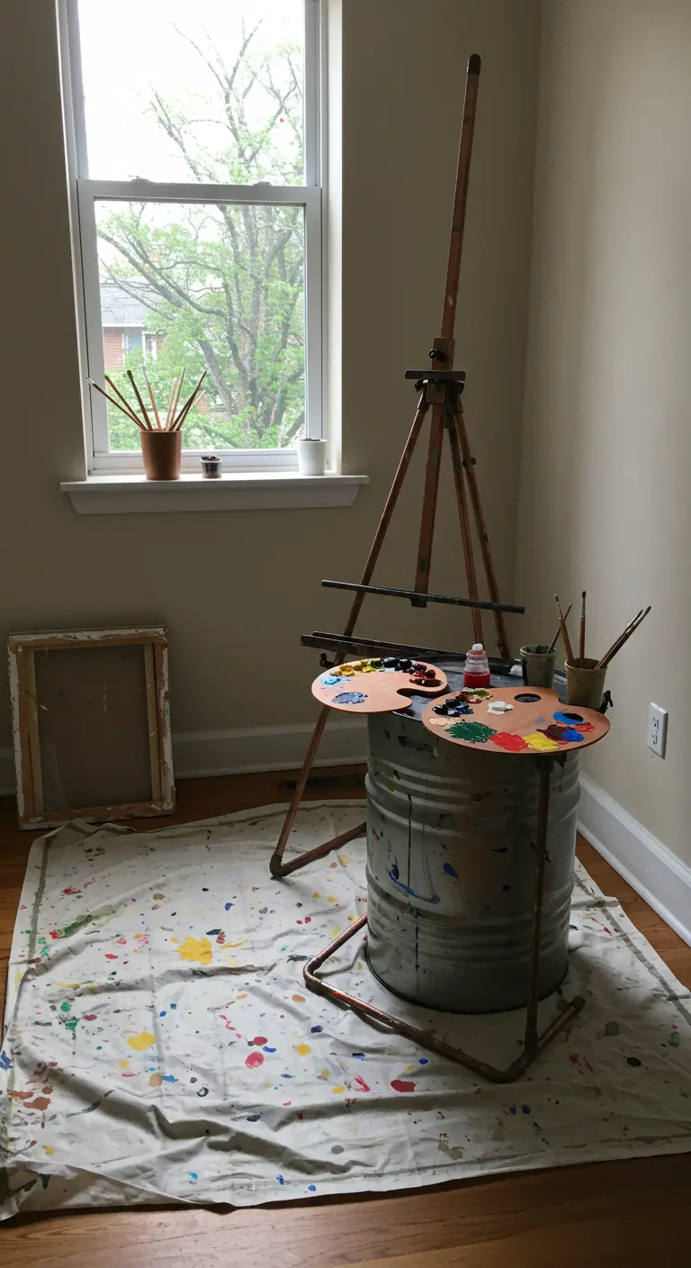 Rincón de pintura con un caballete y un barril de metal usado como mesa para las paletas de colores.