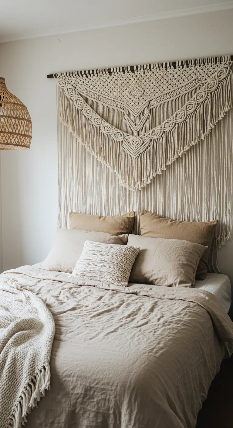 Gran tapiz de macramé utilizado como cabecero de cama en un dormitorio con ropa de cama de lino beige.