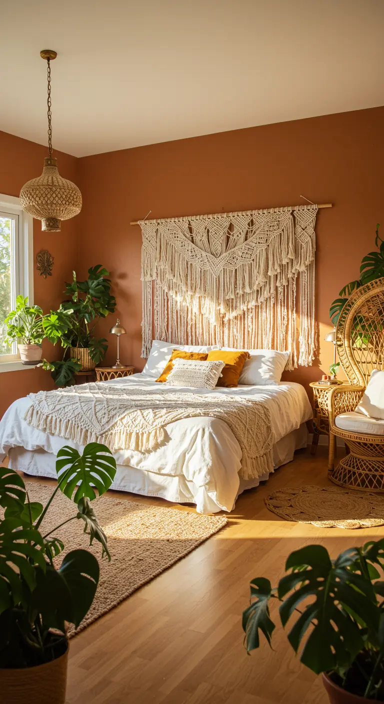 Dormitorio boho con un gran tapiz de macramé sobre la cama y paredes color terracota.