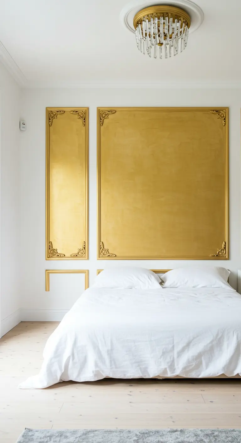 Pared detrás de la cama decorada con grandes paneles dorados enmarcados con molduras ornamentales.