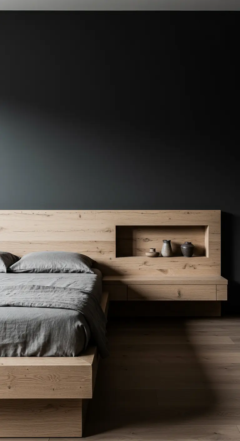 Cabecero de madera clara con un nicho integrado para decoración y cajones.