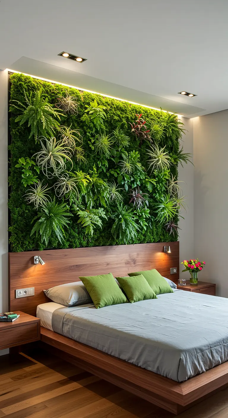 Dormitorio con un jardín vertical como cabecero, iluminado con luces LED.
