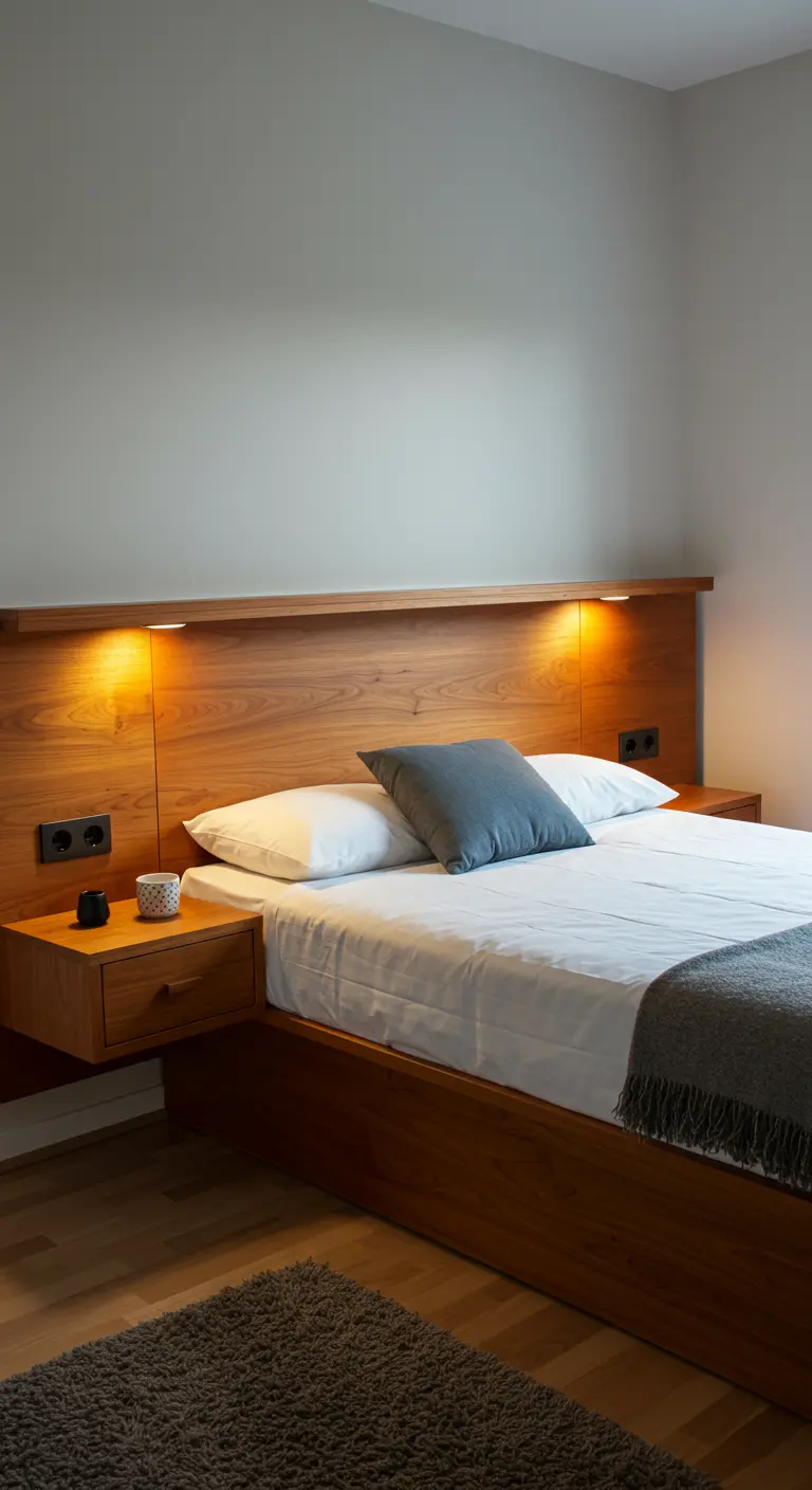 Cabecero de cama de madera con mesitas de noche flotantes y luces integradas.