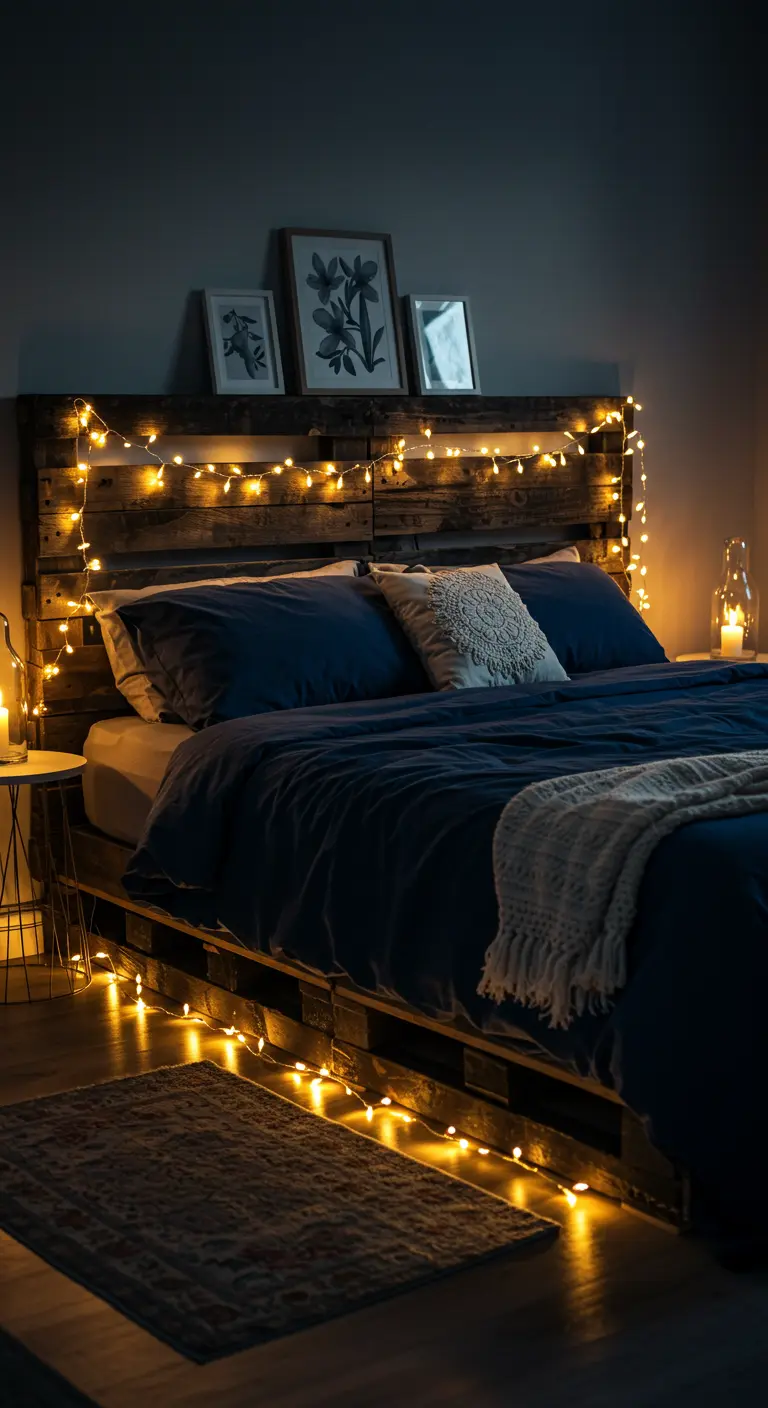 Cabecero de palet oscuro decorado con una guirnalda de luces cálidas y ropa de cama azul.