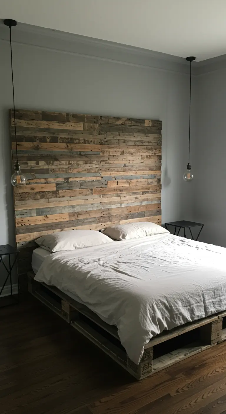 Cama con base de palets y un cabecero de listones de madera reciclada de varios tonos.