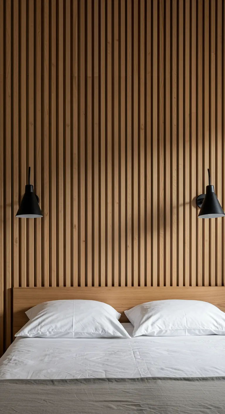 Pared de listones de madera verticales detrás de una cama con sábanas blancas.