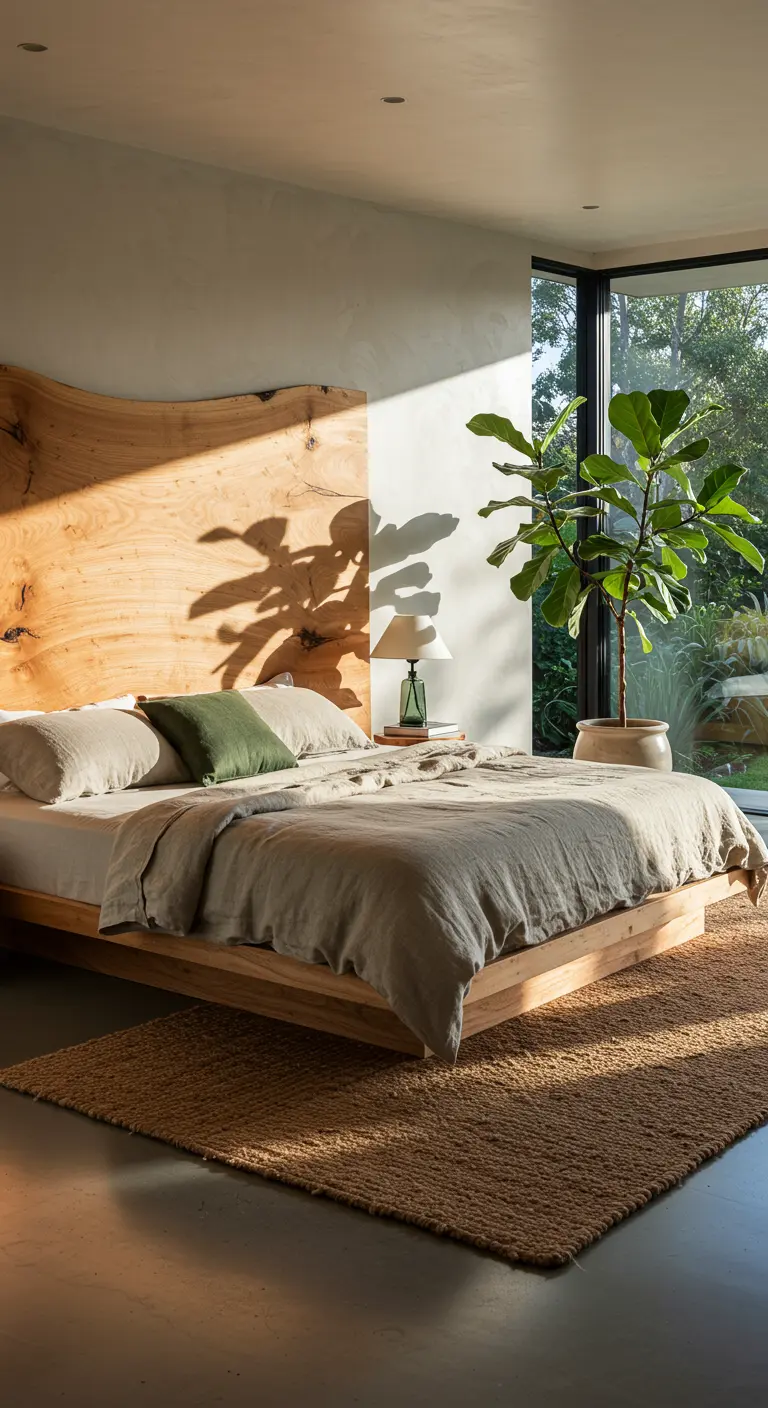 Dormitorio con cabecero de madera de borde vivo, ropa de cama de lino y una gran planta.