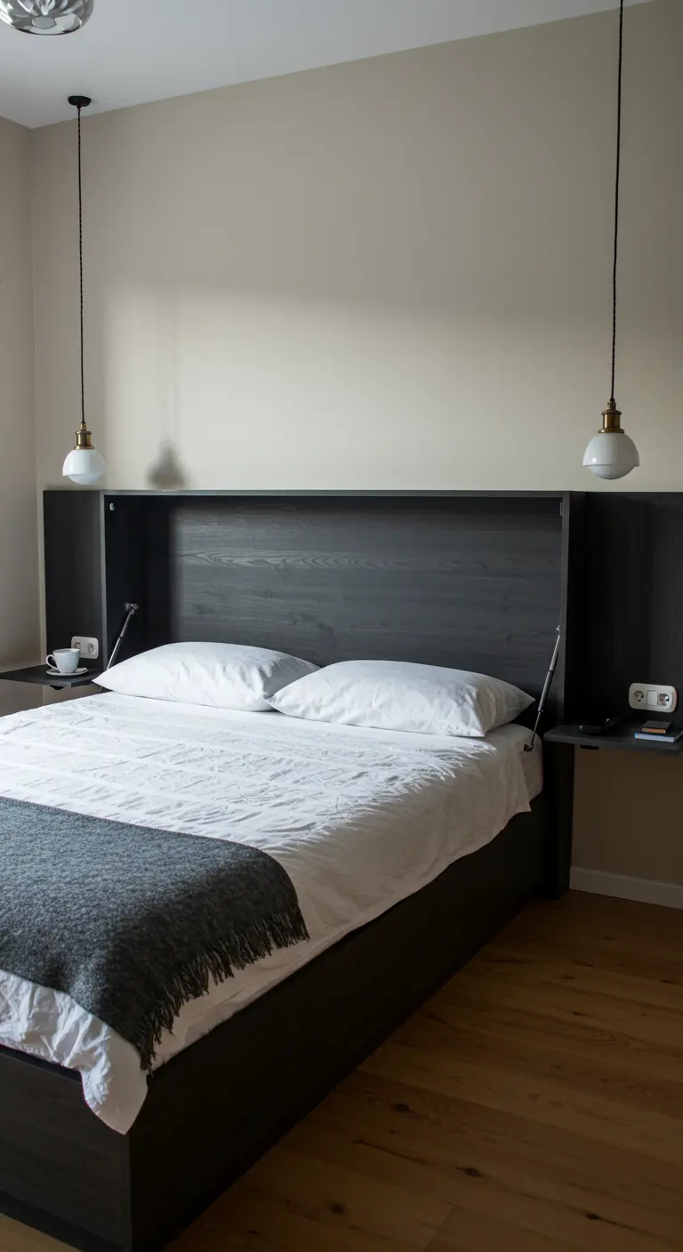Cama abatible de madera oscura con cabecero plegable y luces de lectura.