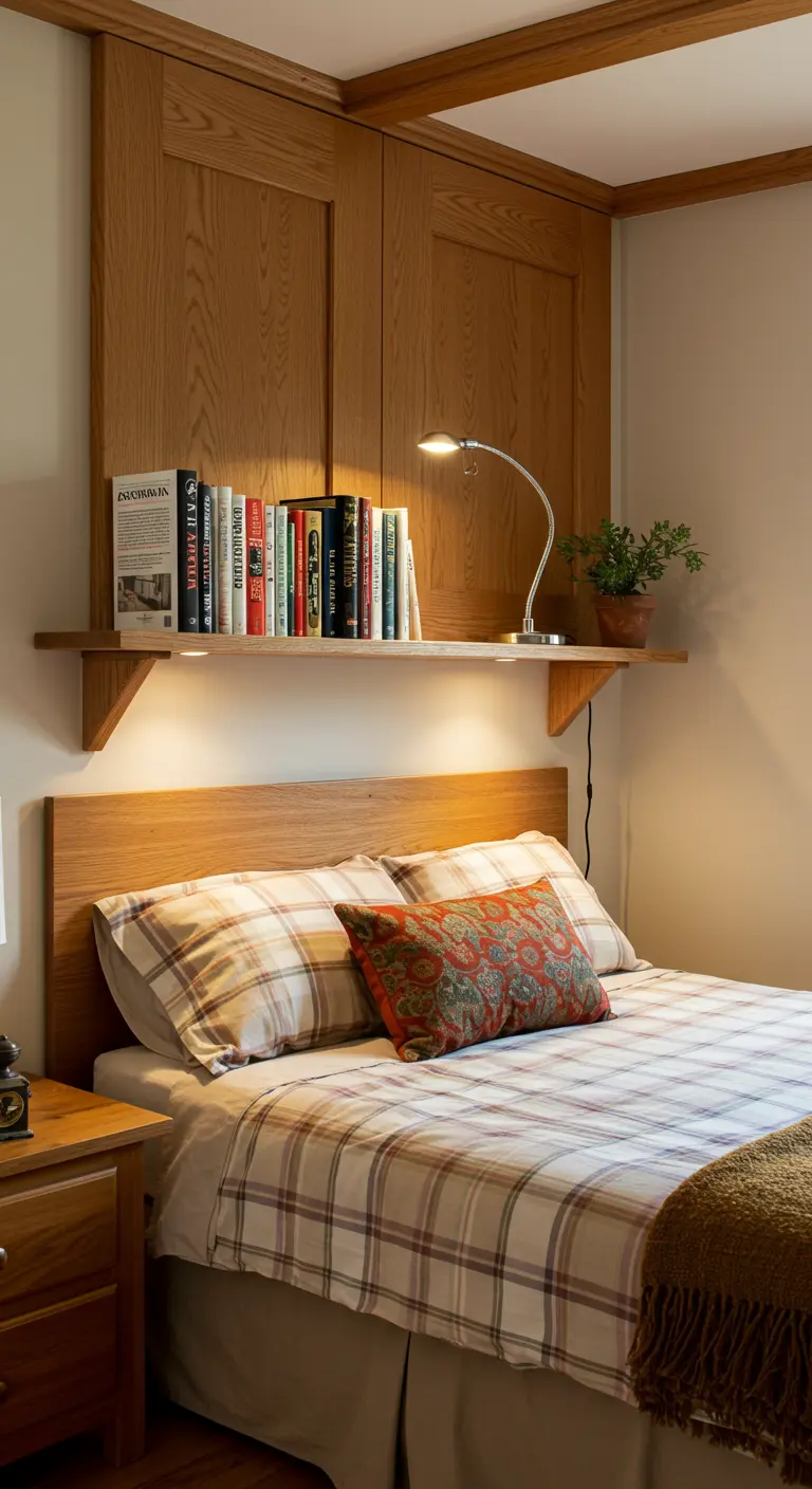 Cabecero de cama funcional hecho con puertas de armario de madera y una estantería superior con libros.