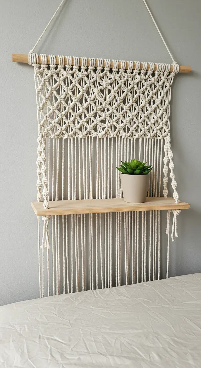Colgador de pared de macramé que incorpora una pequeña estantería de madera para una planta.