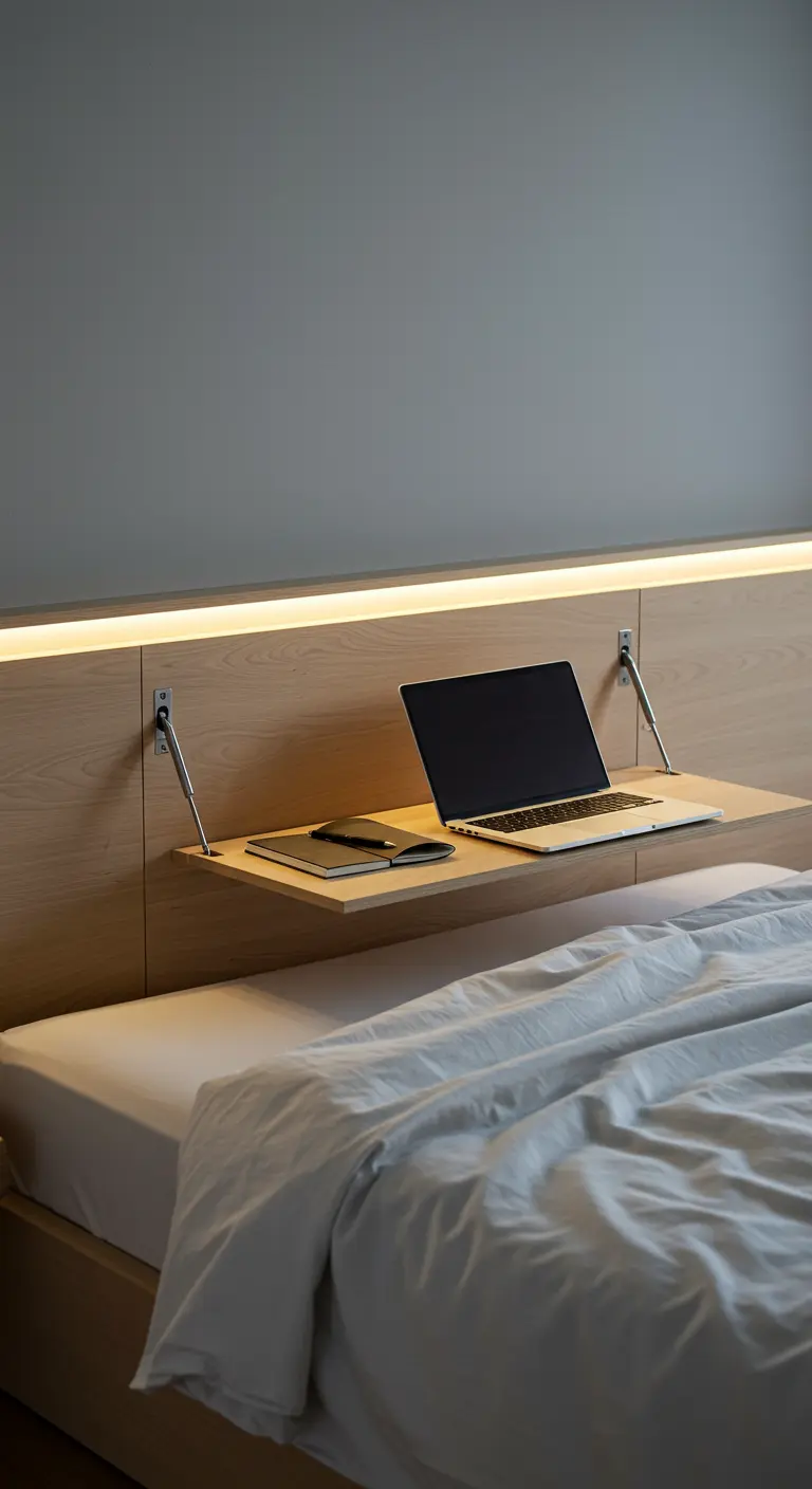 Cabecero de cama de madera con iluminación LED y una balda abatible con un portátil encima.
