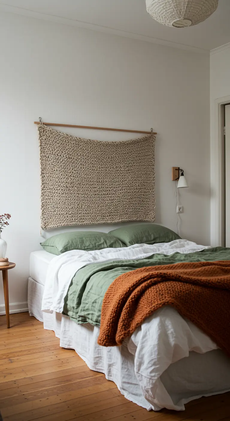 Cabecero de cama DIY hecho con lana gruesa de color natural colgada de un palo de madera.